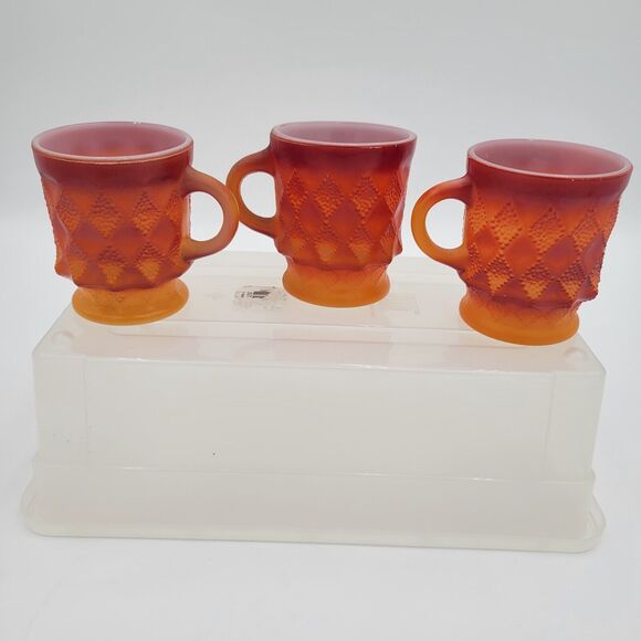 Lot Of 3 Vintage Fire King Mug Set ORANGE/ RED Kimberly Diamond Anchor Hocking - Picture 5 of 15